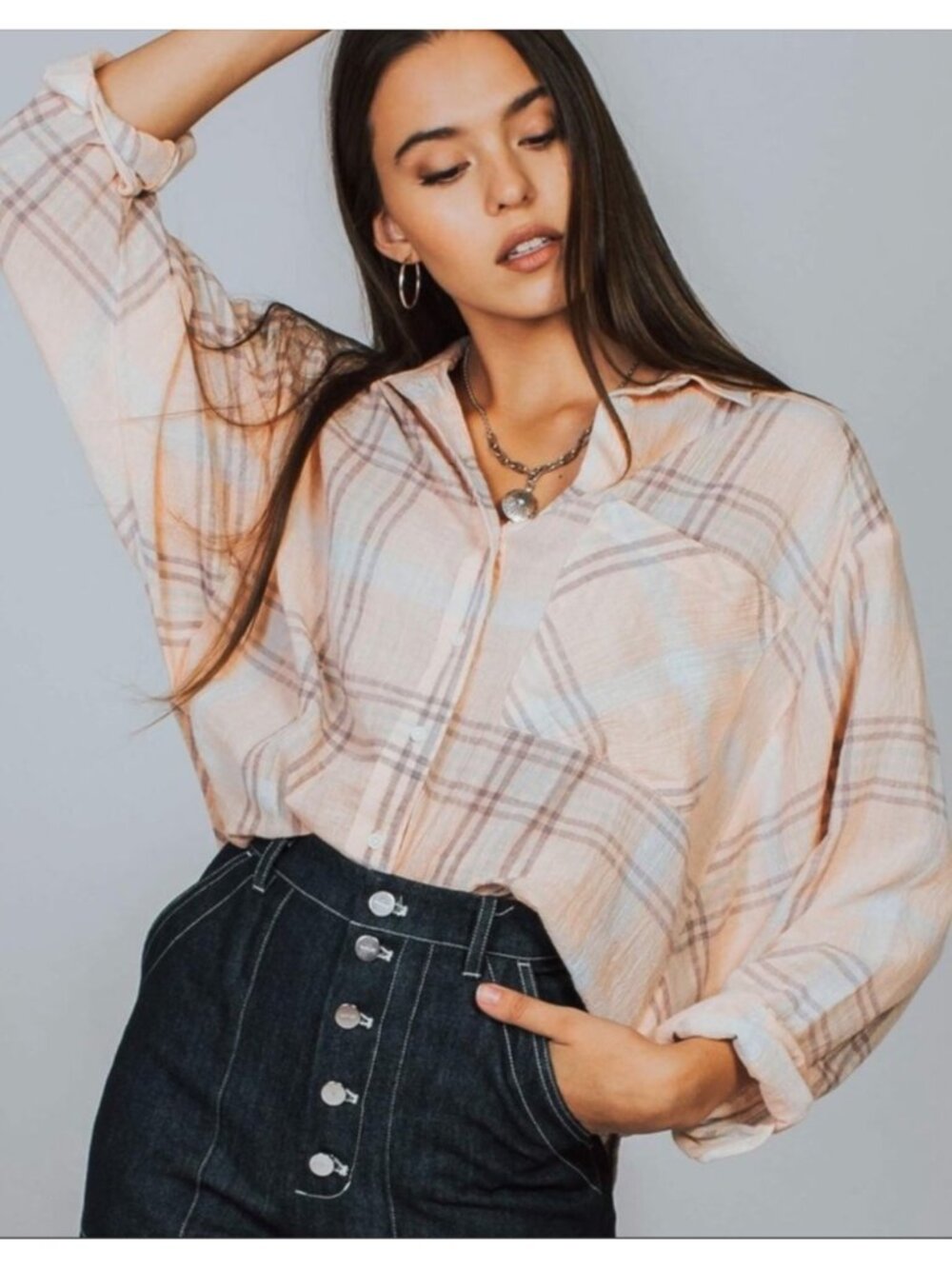 FREE PEOPLE Women's EUC Cutie Oversized Crop Plaid Shirt | Size S